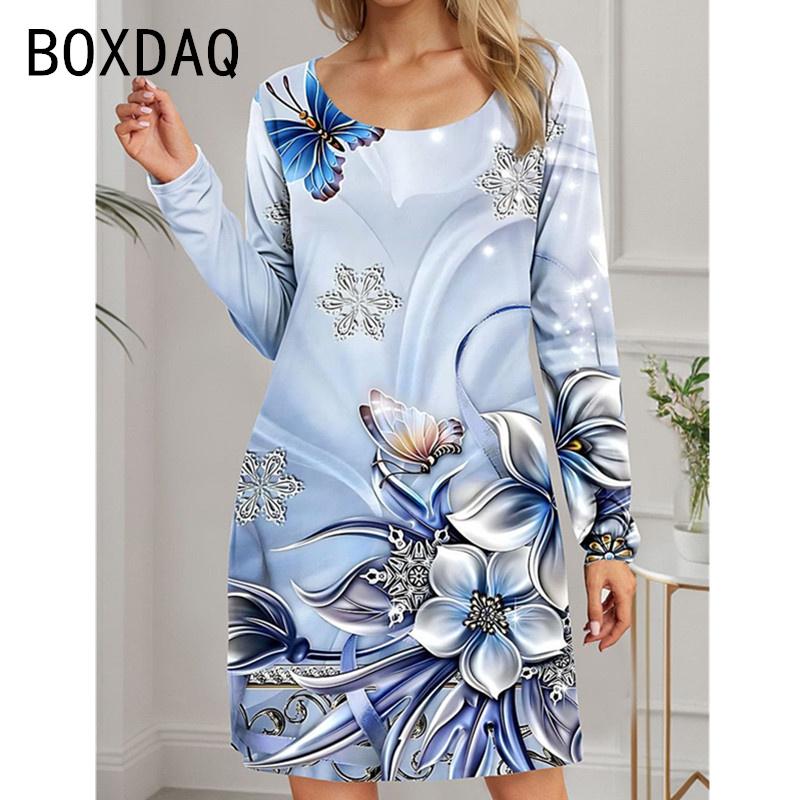 Women Long Sleeve O-Neck Mini Dress Vintage Elegant A-Line Dress 3D Ice Flower Pattern Casual Dress Vestidos De Mujer