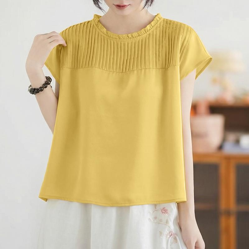 ZANZEA Blusa Casual Feminina de Manga Curta e Cor Sólida com Decote Redondo