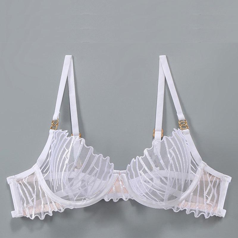 Ultra-Thin French Embroidered Mesh Bra & Thong Set - Women's Breathable, Gathered Fit.
