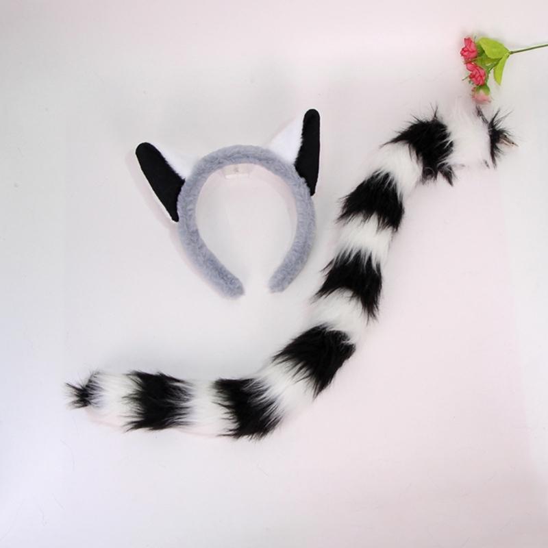 Plush Raccoon Ears and Tail Costume Set with Arched Ear Headbands, Two-Piece Animal Accessories for Cosplay and Costume Balls