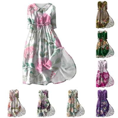 Kadın Yaz Rahat Moda Baskı Yaka Düğmesi Üç Çeyrek Kollu Askılı Elbise