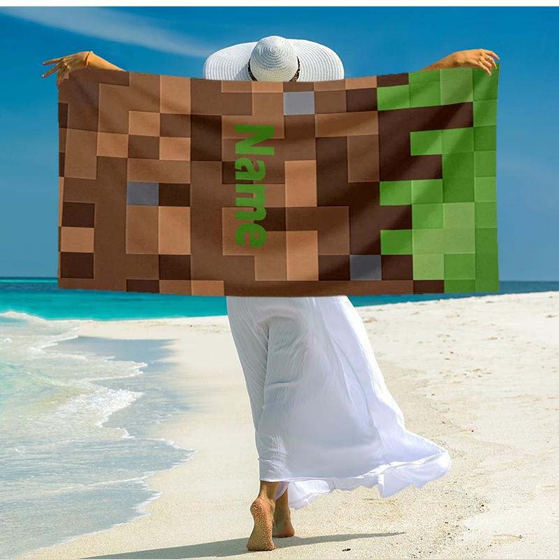 Custom Name Ultra-Soft Beach Towel with Minecraft Theme,Ideal for Pool - Camping, Diving - Perfect Travel Essential, Vibrant Beach Towel.