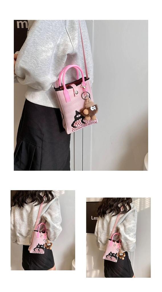 Huimei Women's Knit Smartphone Pouch, Shoulder Bag, Crossbody Phone Pouch, Vertical Knit Wallet Pochette, Cat Print Mini Bag, Cute, Lightweight