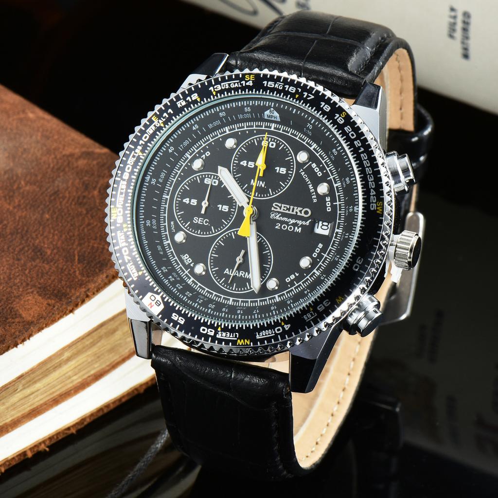 SEIKO Herren Quarz Chronograph Uhr Edelstahl / Lederarmband Tachymeterlünette Leuchtzeiger Datum Sport Business Herren Armbanduhr