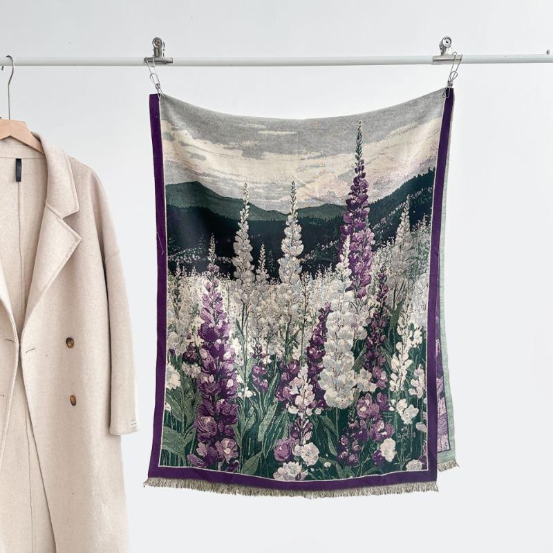 Autumn and winter new plant and flower printing scarf imitation cashmere fringed scarf women's high-end warm shawl