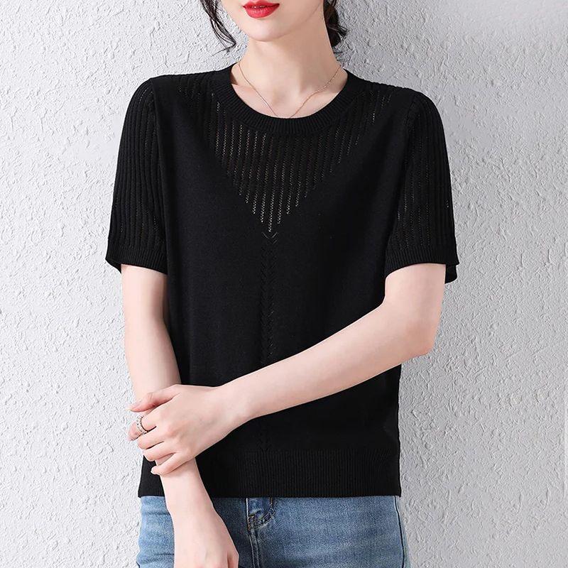 

Жіноча повсякденна мода порожнисті суцільний колір в язання футболка жіноча короткі рукави вільні універсальні футболки жіночий простий пуловер Топ XXL чорний