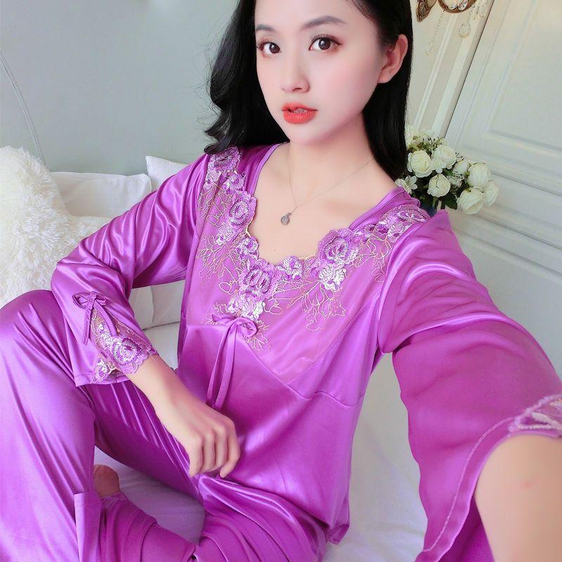 

Жіноча літня піжама Ice Silk Штани з довгими рукавами Комплект із двох частин Вільний великий мереживний сексуальний домашній одяг Осінній XXL