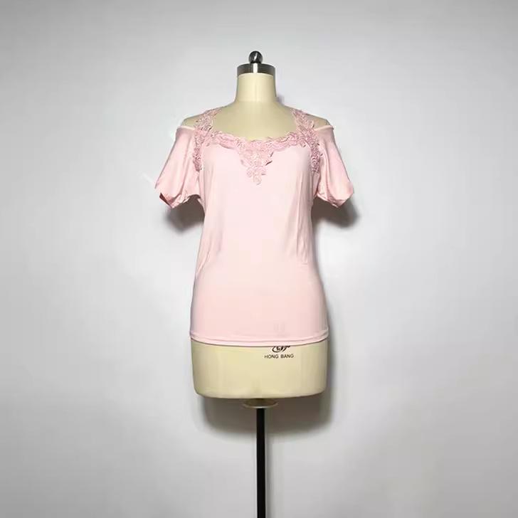 European & American Lace V-Neck Women's Short Sleeve Solid Color Casual T-Shirt