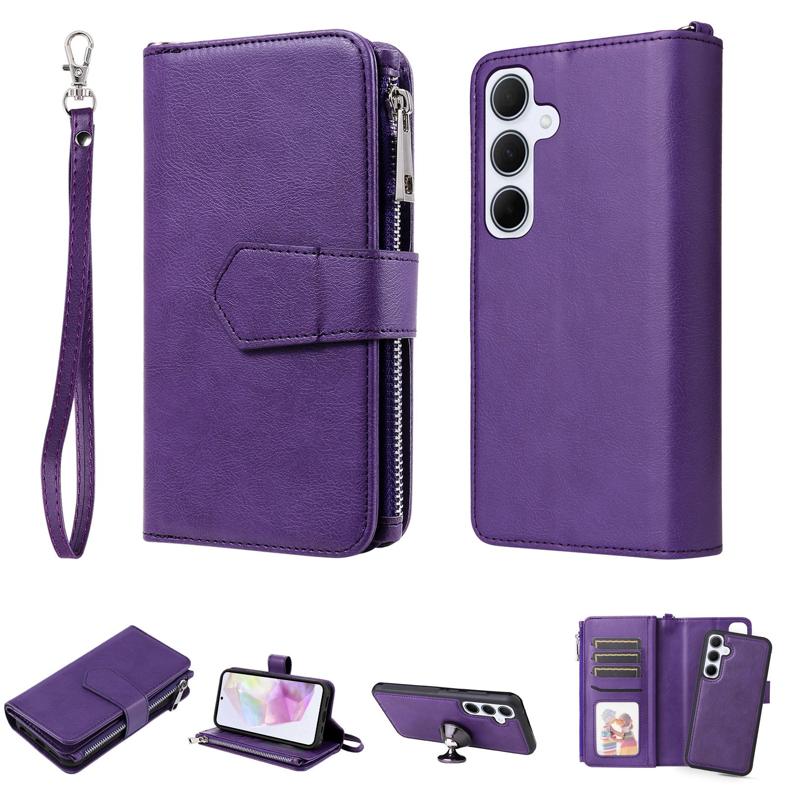 

For Samsung Galaxy A35 5G Magnetic Leather Case Mobile Cover with Detachable Zipper Wallet Strap Purple