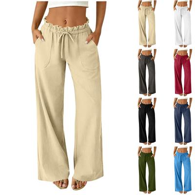 Women's Casual Relaxed Fit High-Waisted Belted Pocket Cotton-Linen Blend Trousers