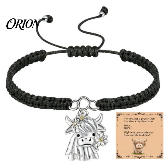 Small Animal Themed Gifts Cute Highland Cow Bracelet for Women, Metal Charm Adjustable Woven Rope Wristband with Card, Handmade Braided String