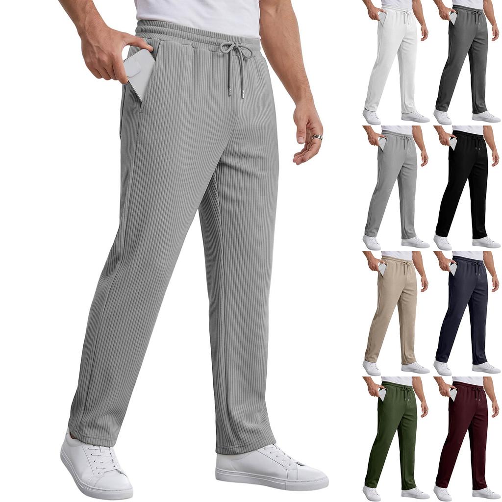 Men's Casual Loose Fit Straight Leg Pants with Drawstring and Stripes for Spring and