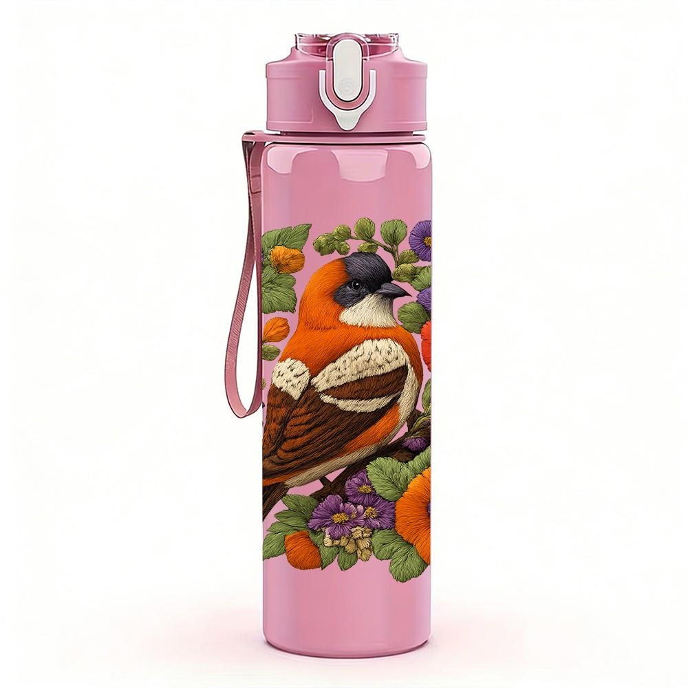 1PC Bird And Wildflower Art Print 750ml Color Plastic Sports Water Bottle Leakproof Flip Straw Lid Suitable for Sports Office Home Use