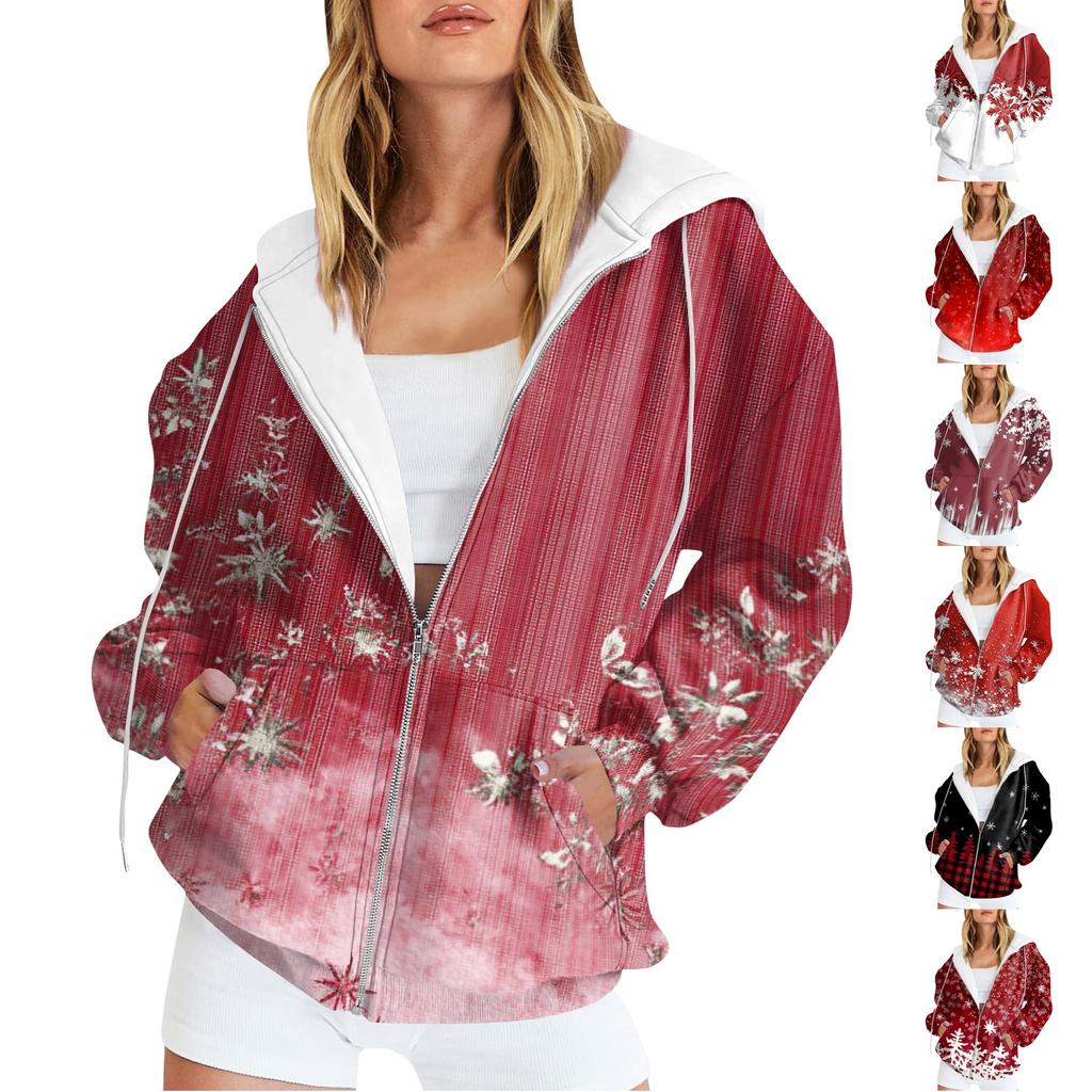 Women's Casual Fashion Printed Long Sleeve Pullover Hoodies Zipper Sweatshirts Coat