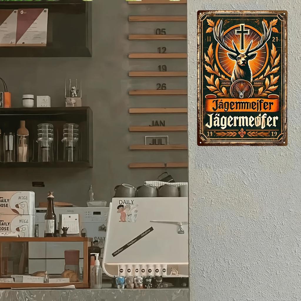 2D Flat, 1pc Vintage Metal Wall Plaque - Heavy-Duty Iron Retro Deer Head & Cross Religious Symbol Decoration - Antique Bar, Home