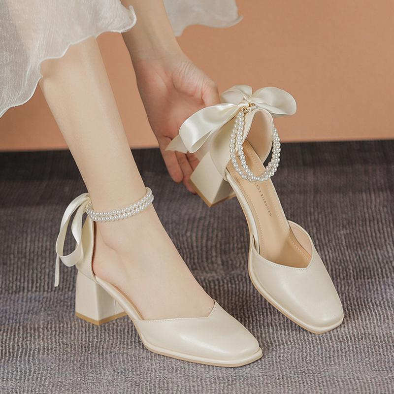 Fashion Rear Rbbion Bow High Heels Woman Ankle Pearl Beading Sandals 2025 Square Toe Pumps Ladies Office Dress Mary Janes Wedges Tacones