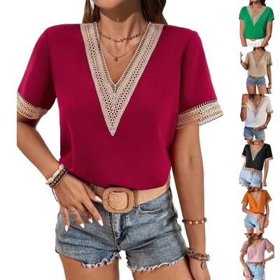 Camicetta estiva da donna Moda pizzo all'uncinetto manica corta scollo a V vestibilità ampia camicia con scollo a V camicia a blocchi di colore con stampa circolare