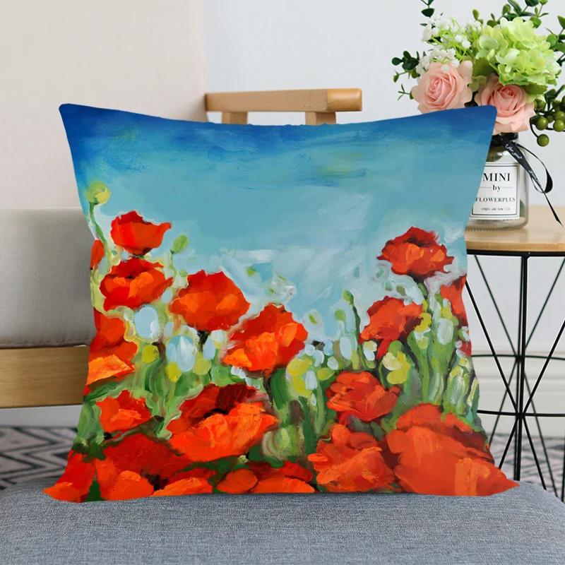 Rote Mohnblume Kissenbezug Schlafzimmer Heimdeko Schönes Geschenk Quadratisch Weich