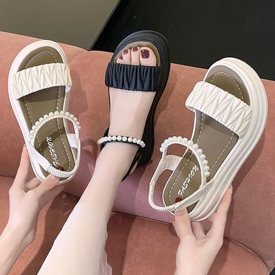 Muffin Thick Bottom Roman Sandals Female Fairy Summer Flat Pearl Strap Elastic Sandals Large Size Youthful Women Summer Breathable Shoes