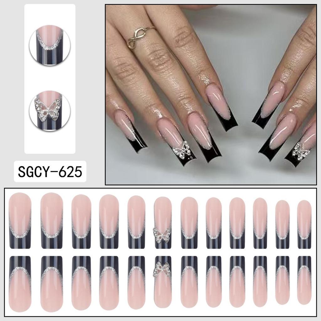 Long Wearable French Style Nail Tips with Butterfly Rhinestones, Detachable, 24-Piece Set.