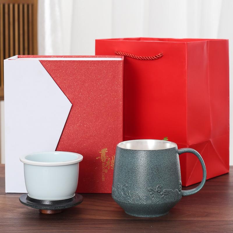 Handmade gilt silver creative ceramic mug gift box set 999Silver-plated office cup with lid, tea-water separation brewing cup