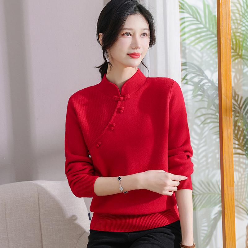 Autumn/Winter Fleece-Lined Knit Base Layer for Middle-Aged & Elderly Women - Half-High Neck, Thickened Fashion Sweater for Mothers