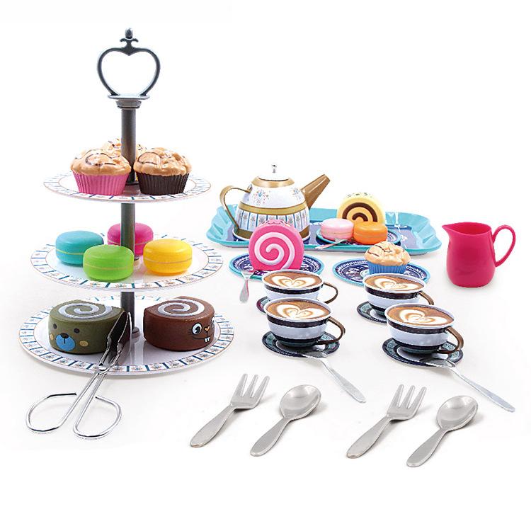 Kids Play Food Set, 3-Tier Dessert Stand Cupcakes Macarons, 44PCS Assorted Colors, Afternoon Tea Role Play Toy синий