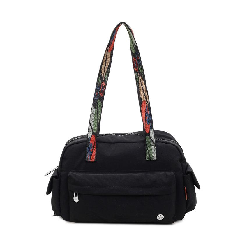 

Women Floral Strap Nylon Tote Bag Multi Pocket Travel Shoulder Purse Casual Daily Use Lightweight Fashion Accessory For Women чорний