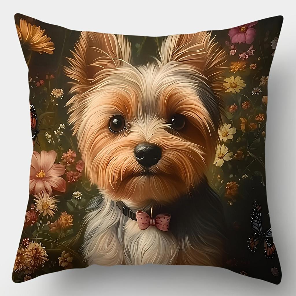 Yorkshire Terrier im Blumengarten KissenbezügeWohnzimmer Sofakissenbezug, weich und bequem, Schlafzimmerraumdekoration