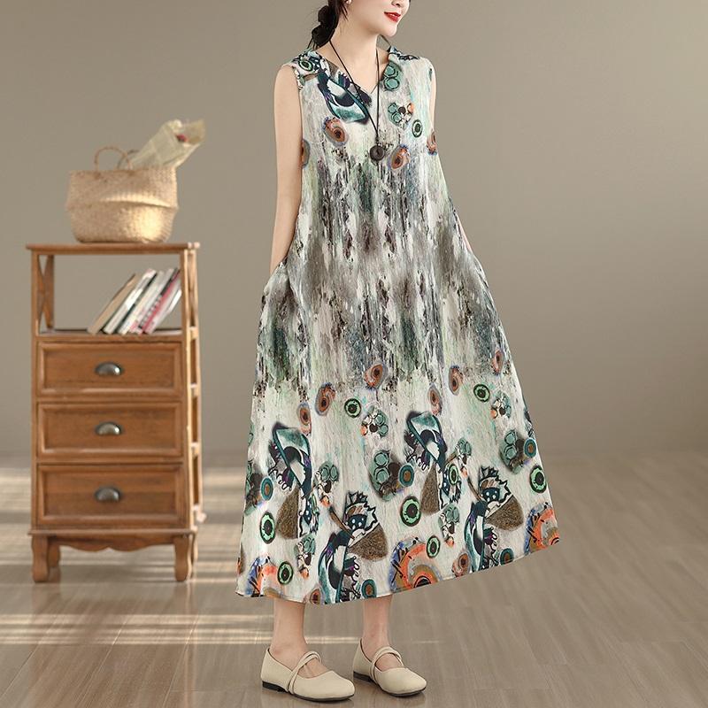 Sleeveless Plus Size Cotton Vintage Floral New In Dresses for Women Casual Loose Long Summer Dress
