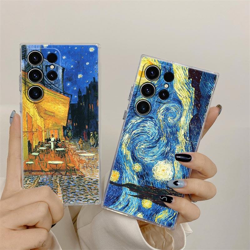 Casetă de telefon cu pictură Van Gogh Terasa cafenelei Noaptea înstelată Floarea-soarelui Pentru Samsung S24 S23 Ultra S22 S20 Plus S21 FE Capac Transparent Funda