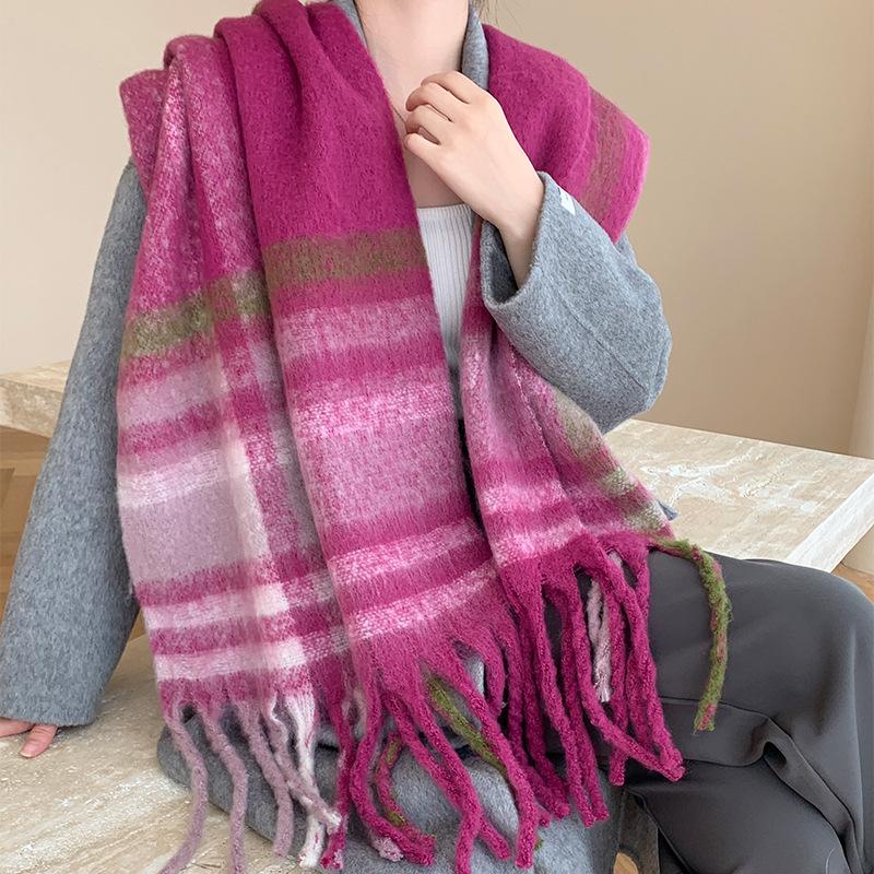 Winter New Scarf Women's Winter Thickened Warm Scarf Colored Plaid Fringed Scarf Shawl Fashionable Outer Cover