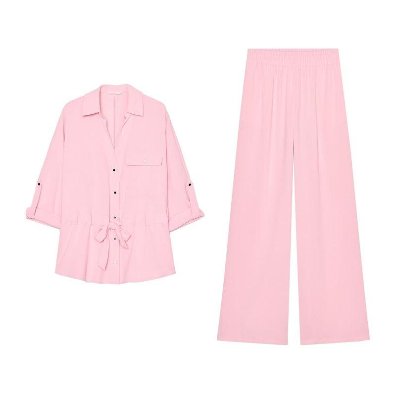 Travel Hunting Crepe Lapel Long Sleeve Shirt 3666102 Crepe Wide Leg Casual Pants 2116572