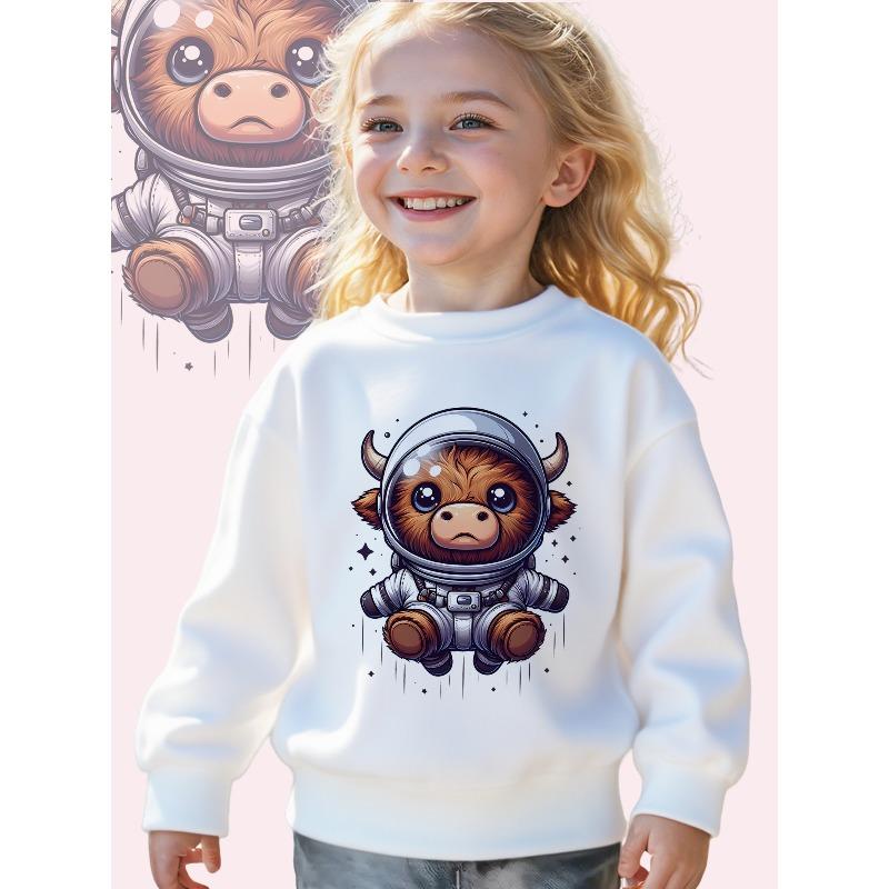 Kids Crewneck Sweatshirt, Cartoon Space Cow Graphic Print,Soft Casual Long Sleeve Pullover