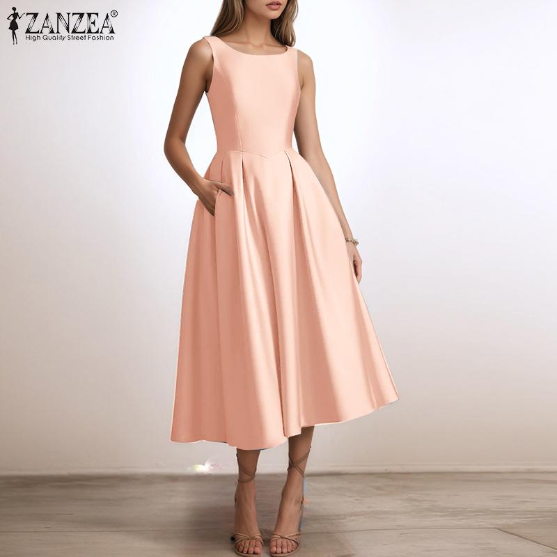 ZANZEA Women Casual Round Neck Summer Sleeveless A-Line Dress