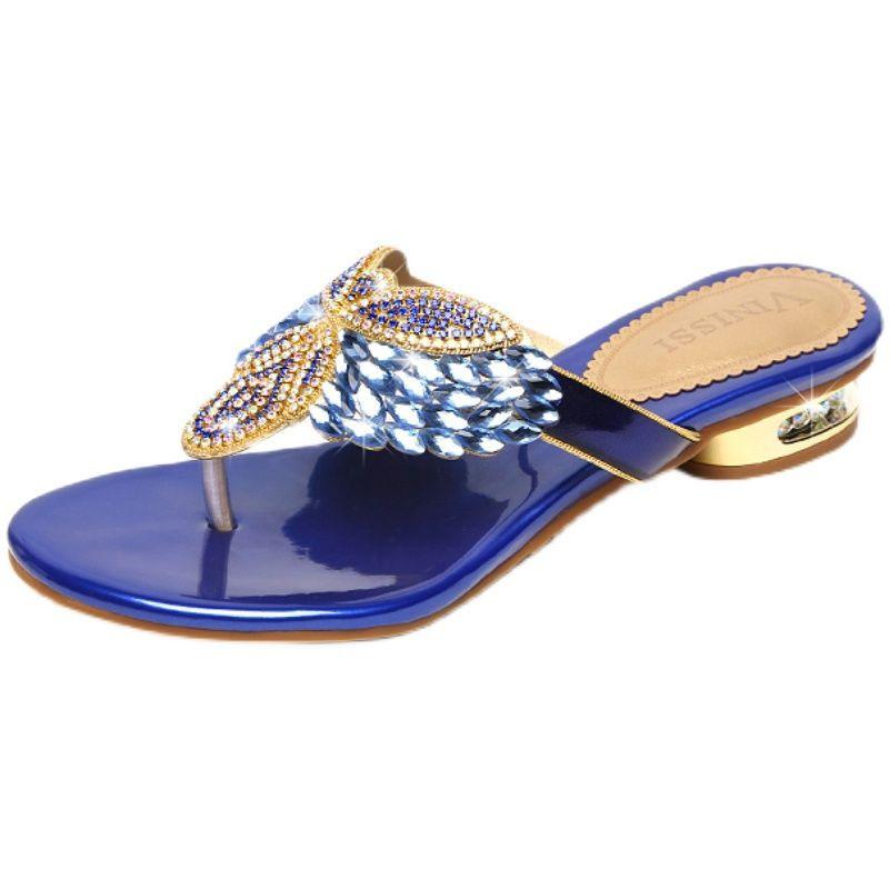 Summer wear low-heeled bohemian beach shoes holiday flip-flops sandals 2025 new rhinestone slippers women