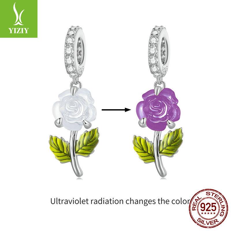 Yinziyun S925 Silver Rose Pendant with UV Color-Changing Flower Beads for DIY Bracelet