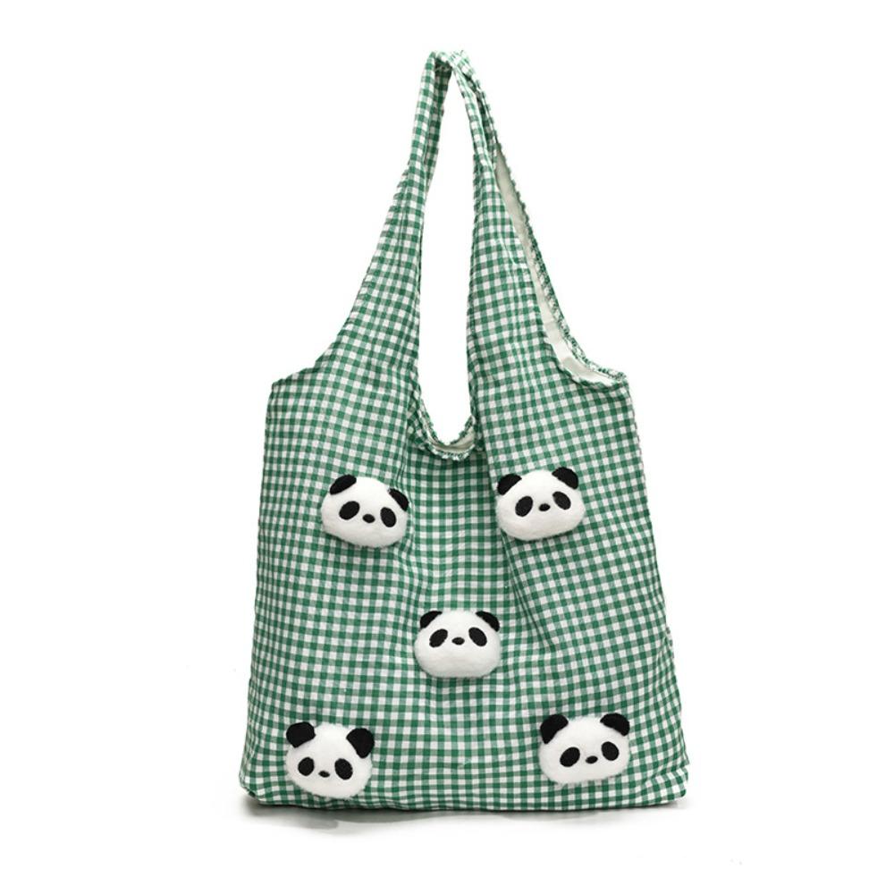 Vacation Canvas Shopping Bag Panda Doll Office Worker Handbag Casual Plaid Shoulder Bags  Outdoor