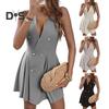 Women's Double Breasted Blazer Vest Dress Sleeveless Deep V-Neck Mini Dress Summer High Waist Pleated Short Skirt