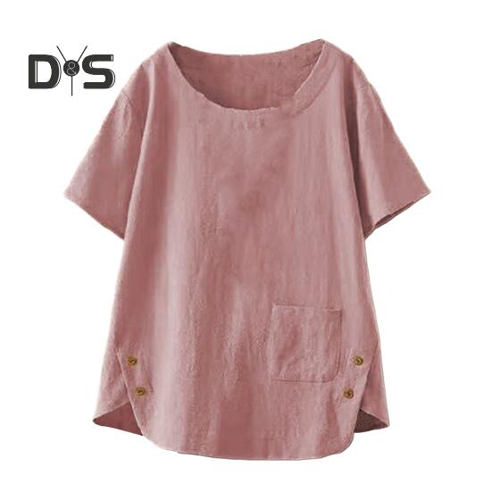 

Женская футболка с круглым вырезом и коротким рукавом, свободная футболка с боковым разрезом, дизайн, накладной карман, однотонный пуловер, топы, уличная одежда M розовый