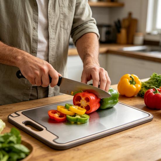 Titanium Cutting Board with Built-In Knife Sharpener Garlic Grater & Juice
