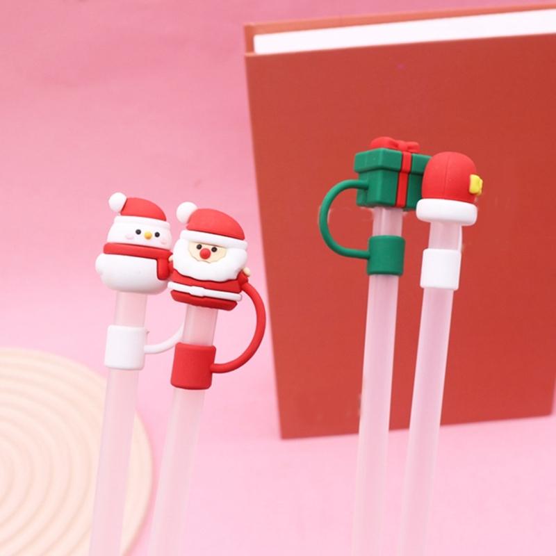 6pc Cartoon Christmas Silicone Straw Covers Cap Drinking Straw Tip Lids Reusable