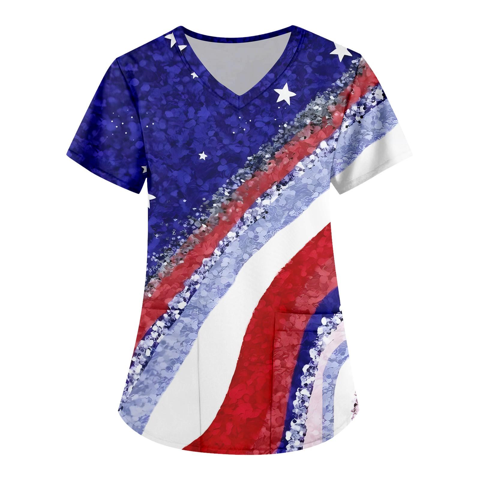 

Женские модные топы с принтом на День независимости и короткими рукавами и V-образным вырезом, рабочие футболки с карманами L синий