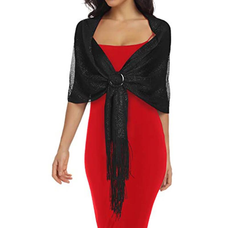 Shiny Round Buckle Tassel Wraps Scarf – European and American Fashion Trend for Evening Party, Dance, Wedding, and Beach Getaway