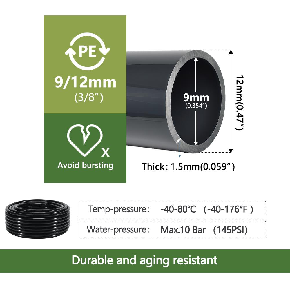 10/20/30/50M OD-6mm 8mm 12mm Black PE Garden Hose Pressure-Proof 4/6mm 5/8mm 9/12mm Drip Irrigation Pipe 3/8" 1/4" Watering Tube