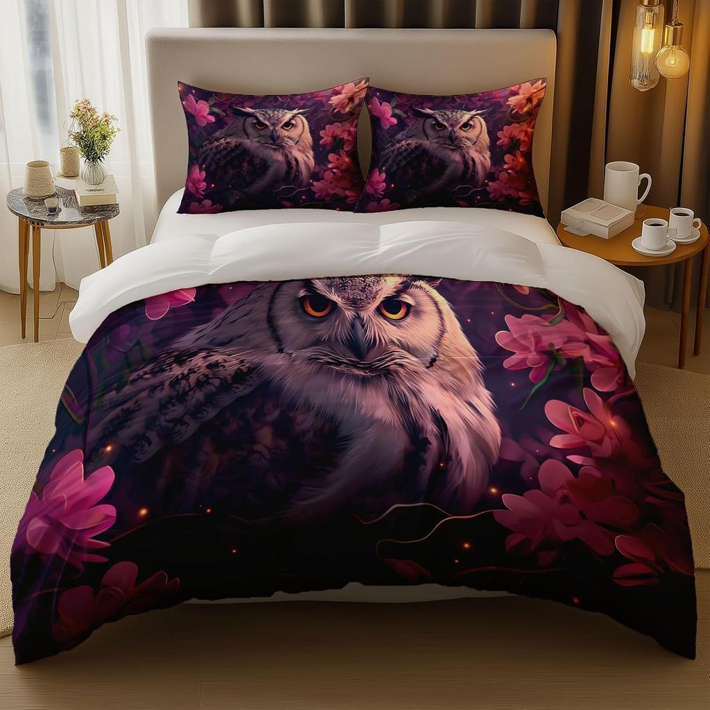 Cartoon Birds Owl Duvet Covers Single Size Printed Quilt Cover Set With Zipper,Microfiber Soft Breathable Reversible Bedding Set