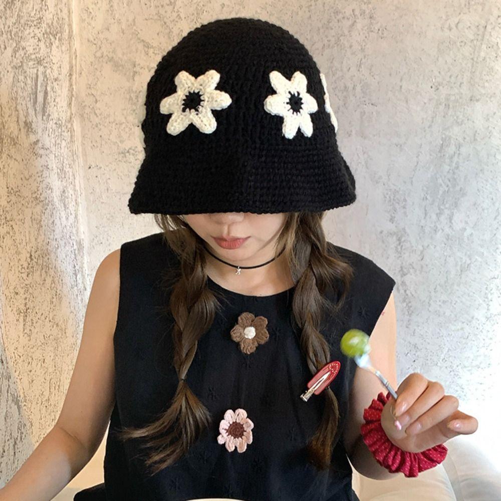 Sweet Crochet Flower Knitted Hat Korean Style Bucket Hat Retro Beanies Hat  Autumn and Winter