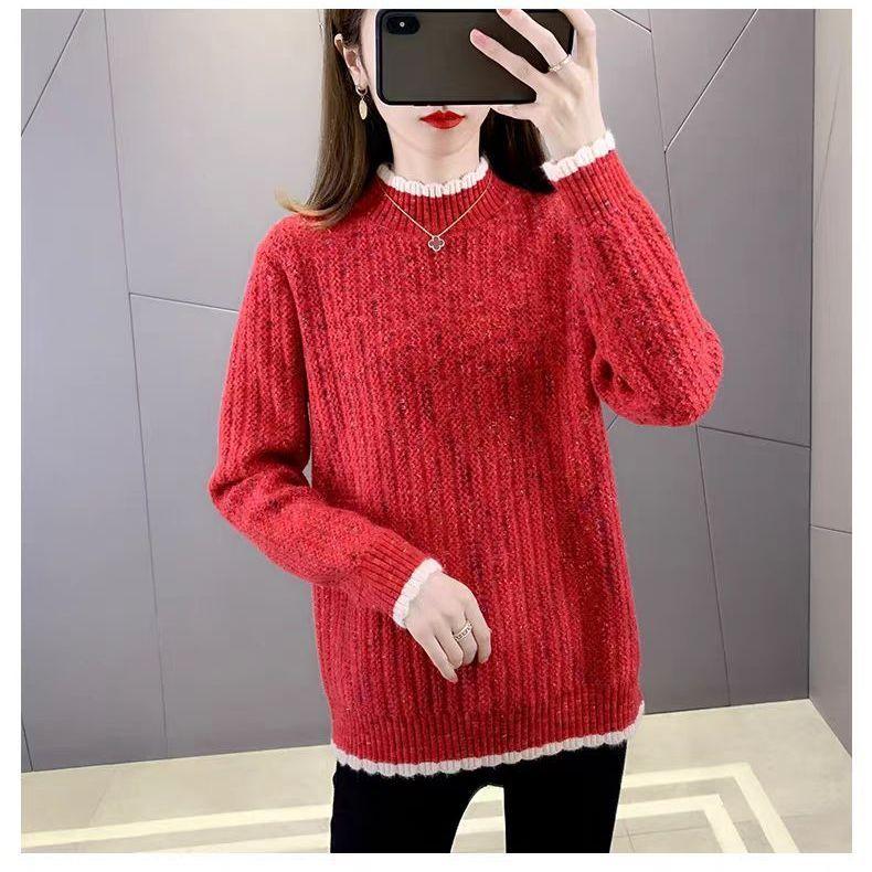 Color Blocking Wavy Edge Women's Sweater Half High Neck Autumn Winter Knitted Top Base Women' Sweater