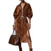 Women's Brown Long Sleeve Dress with Lapel Collar Front Zipper Drawstring Waist and Side Slit