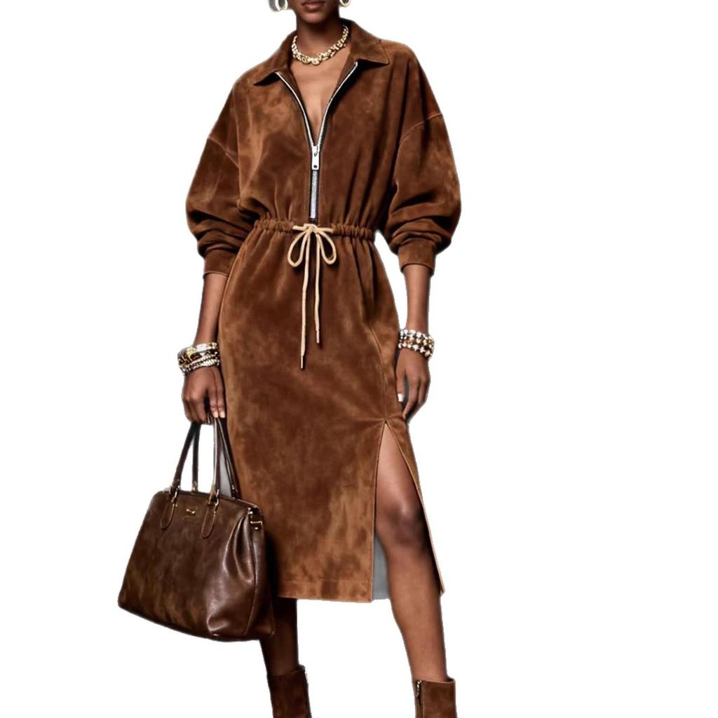 Women's Brown Long Sleeve Dress with Lapel Collar Front Zipper Drawstring Waist and Side Slit